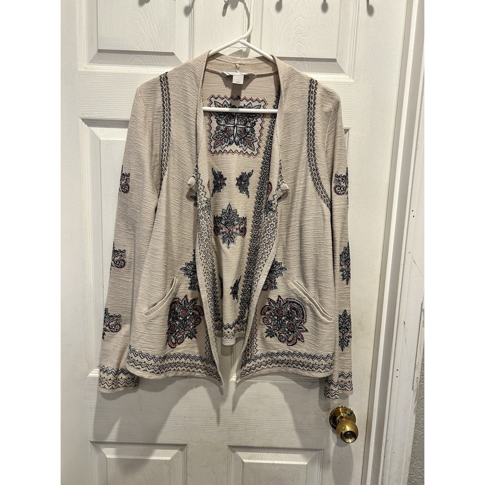 Christopher & Banks Embroidered Open Front Cardigan Beige Blue Red Size M Boho